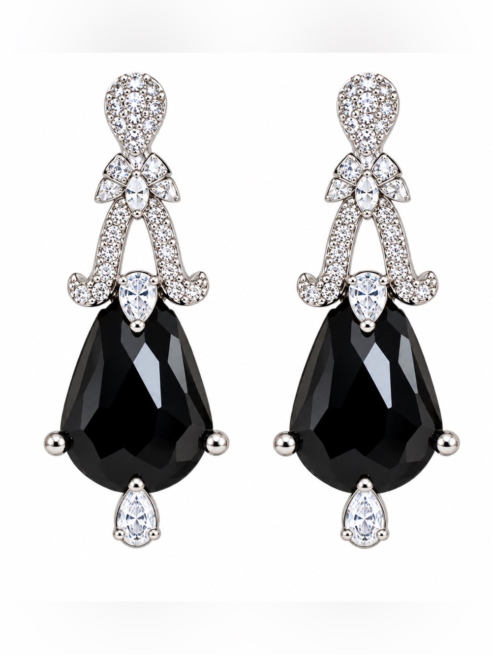 925 Sterling Silver Black Crystal Rhinestone Drop Earrings